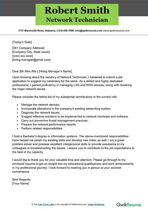 Network Technician Cover Letter Examples Qwikresume