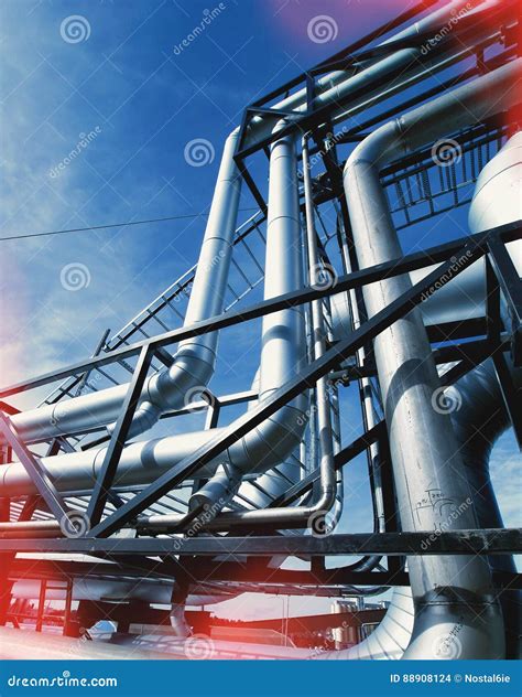 Industrial Steel Pipelines And Valves Against Blue Sky Stock Photo