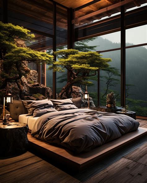 Zen Bedroom With Indoor Bonsai Garden