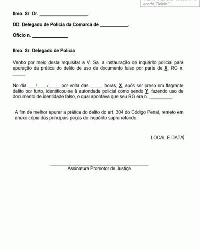 Modelo De Requisição Da Autoridade Judiciária Para Instauração De Inquérito Policial