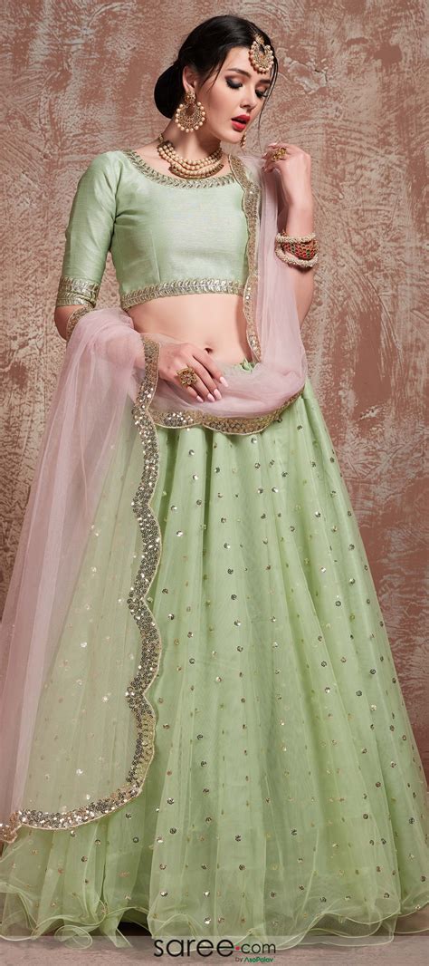 Pista Green Designer Net Lehenga Choli With Sequins And Zari Work Blouse Lehnga Choli For