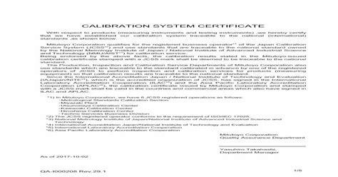 Calibration System Certificate Mitutoyo · Calibration System