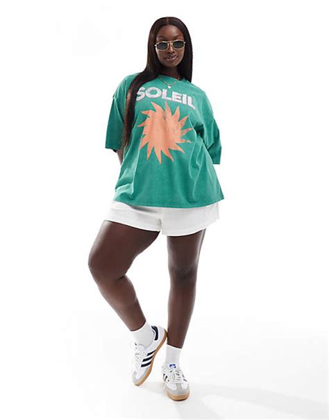 Asos Design Curve Oversized T Shirt With Soleil Graphic In Washed Green