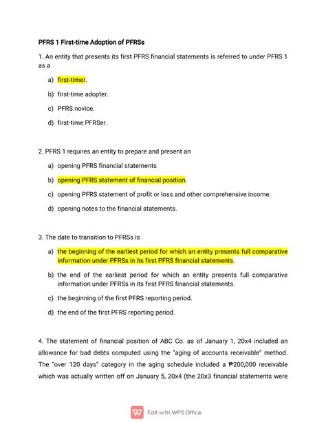 Accounting Practice Quiz Pfrs First Time Adoption Of Pfrss An