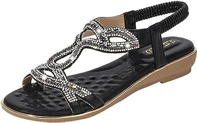 Frauen Flache Sandalen Sommer Bequeme Weiche Sohle Strass Ledersandalen