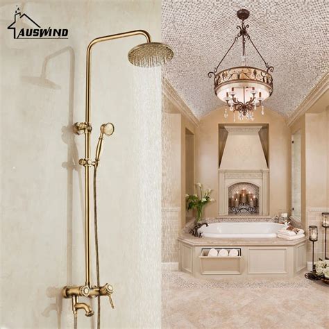 Antique Brass Shower Bath Faucet Sets Wall Mounted Exposed 8 Rainfall