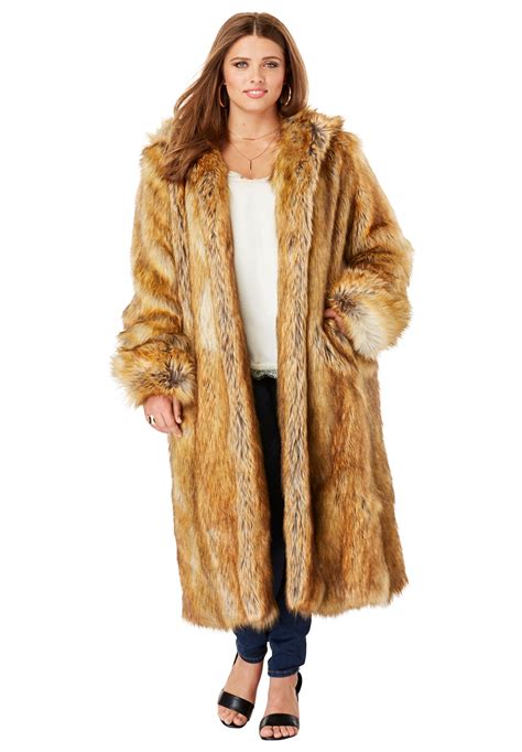 Roamans Roamans Womens Plus Size Full Length Faux Fur Coat With