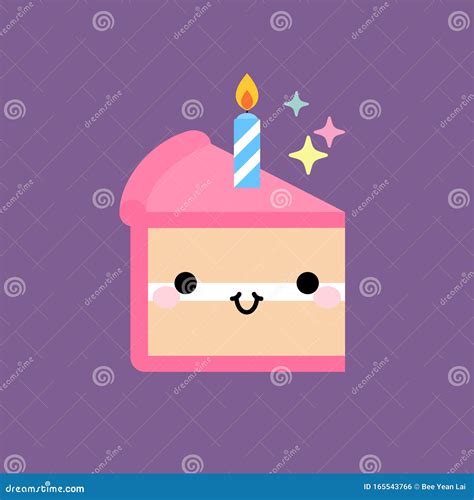 Slice Birthday Cake With Candle In Kawaii Style With Smiling Face And