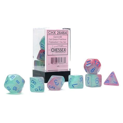 Chessex Gemini Gel Green Pink Blue Lum Poly 7 Die Set Chx26463 Gnomish Bazaar