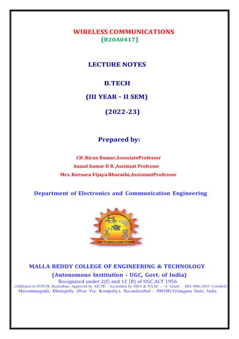 Wc Digital Notes Wireless Communications R20a0417 Lecture Notes B