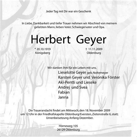 Traueranzeigen Von Herbert Geyer Nordwest Trauer De