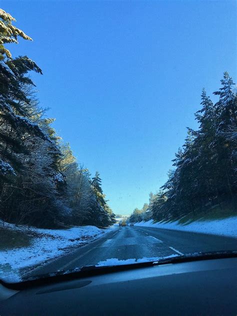 A Car Driving Down A Snowy Road Next To Tall Trees