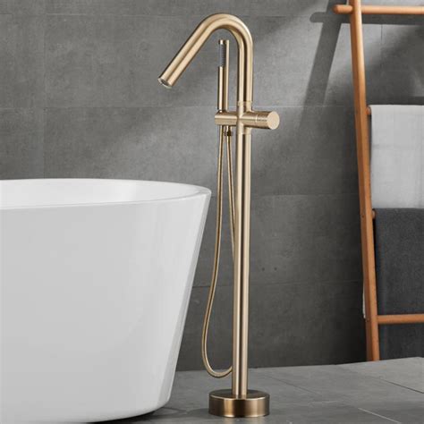 Brushed Gold Brass Bathroom Single Handle Free Standing Bathtub Faucet