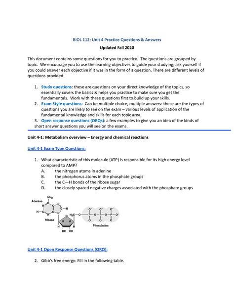 BIOL 112 Unit 4 Practice Questions ONLY BIOL 112 Unit 4 Practice