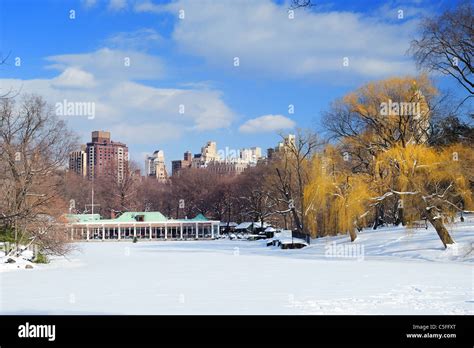 New York City Manhattan Central Park Panorama In Winter With Ice And