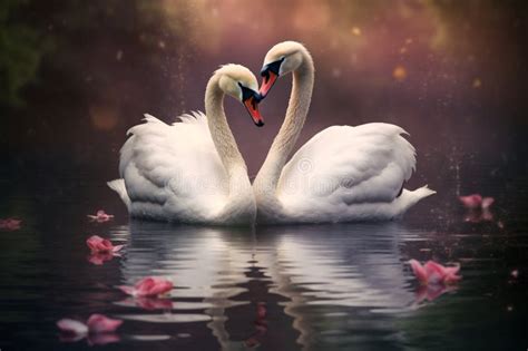 Two White Swans Making Heart Shape In The Water Romantic Background