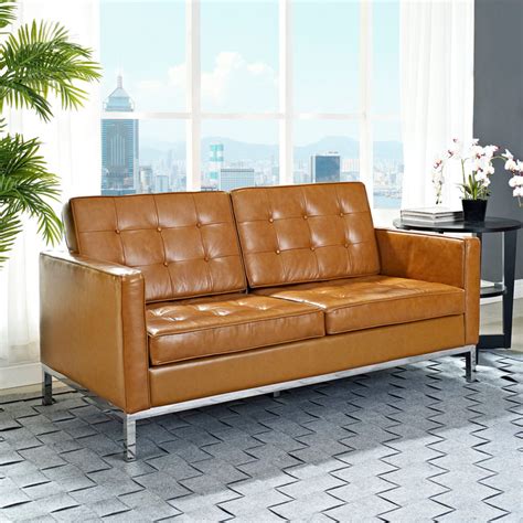 Florence Style Tan Leather Loft Loveseat Midcentury Loveseats New York By Zin Home