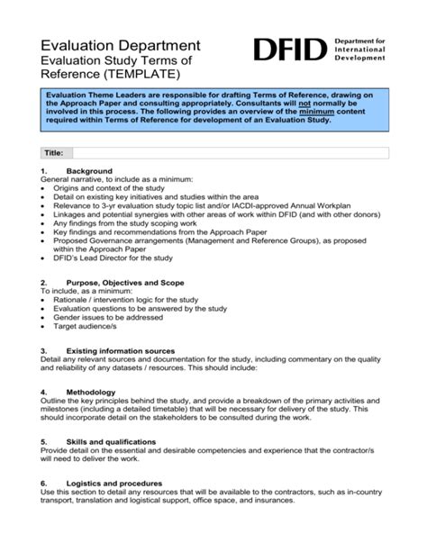 Evaluation Study Terms Of Reference Template