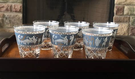 Vintage Large 12 Oz Corinthian Blue Flat Glass Tumblers By Jeannette Bar Ware Greek Roman Scenes