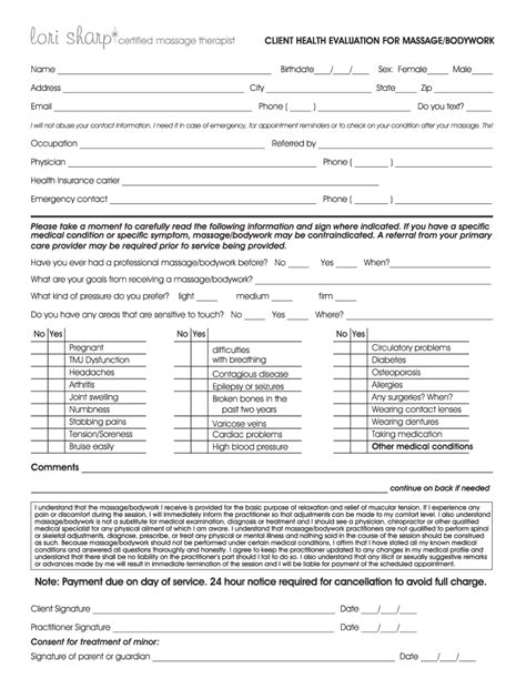 Fillable Online New Client Health History Form Lori Sharp Massage Therapy Fax Email Print