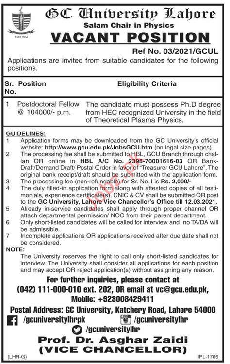 Postdoctoral Fellow Jobs 2021 In GC University Lahore 2024 Job