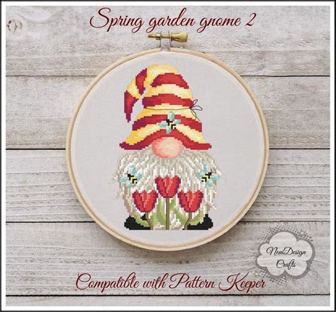 Spring Garden Gnome Cross Stitch Pattern Gnome Cross Stitch Tulip