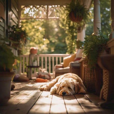 A Dog Sleeping On A Porch With A Porch In The Background Premium Ai