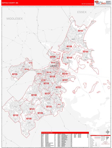 Suffolk County, MA Zip Code Wall Map Red Line Style by MarketMAPS - MapSales