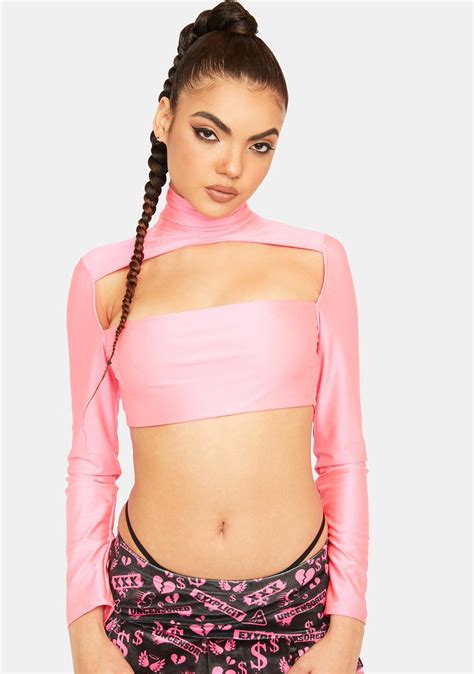 Long Sleeve Bust Cutout Turtleneck Crop Top Pink Dolls Kill