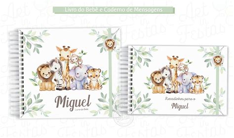 Kit Livro do Bebê e Caderno de Mensagens Safari Elo7