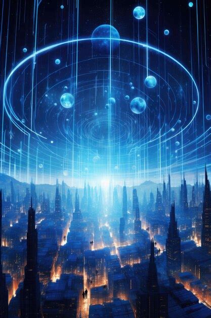 Premium AI Image | Cyberspace city in blue neon lights with rotation of planets above it