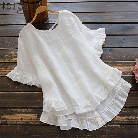 Buy ZANZEA Vintage Women Short Sleeve Solid Ruffled T Shirt Summer