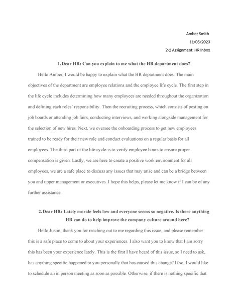 HR inbox week 2 - Amber Smith 11/05/ 2-2 Assignment: HR Inbox 1. Dear