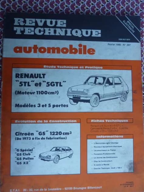 REVUE TECHNIQUE RENAULT 5 TL GTL 1100cm3 RTA 397 1980 GS 1220 EUR 6 00