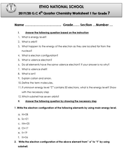 Grade 7 Chemistry Worksheet 1 4th Quarter Pdf