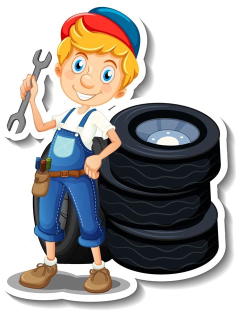 Sticker design with auto mechanic cartoon character 2728985 Vector Art ...