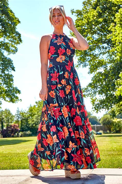 Floral Print Halterneck Maxi Dress In Black Roman Originals UK