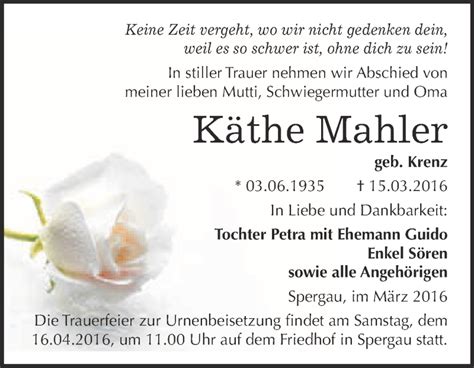 Traueranzeigen von Käthe Mahler abschied nehmen de