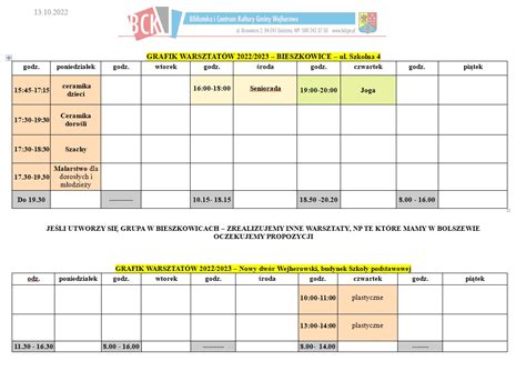 Grafik zajęć 2022 2023 BCK Gminy Wejherowo