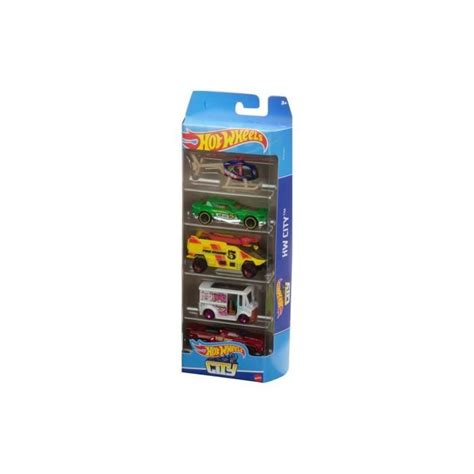 Set De 5 Vehicules Hot Wheels City Set Voitures Camions Et Helicoptere Miniatures Vert Rouge