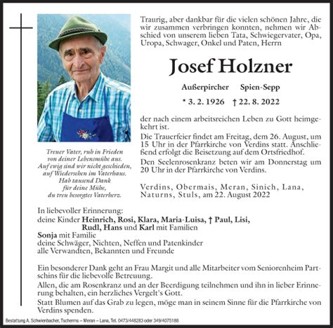 Traueranzeigen Von Josef Holzner Trauer Bz