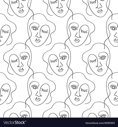 Glamour One Line Drawing Women Faces Pattern Vector Image