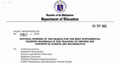Deped Memorandum No 080 S 2022 National Winners Of The Search For