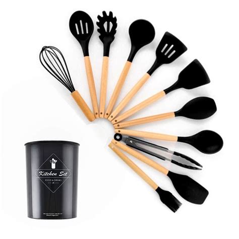 Kit Pe As Utens Lios De Cozinha Silicone Moderno Preto M Atacado