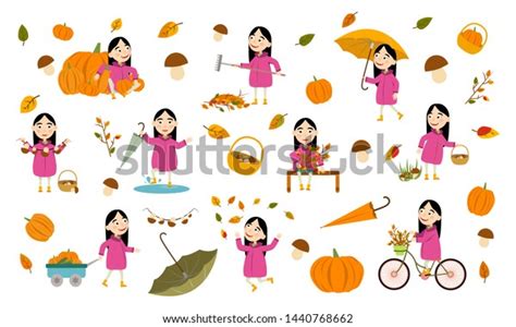 Set Girl Long Black Hair Autumn Stock Vector Royalty Free 1440768662