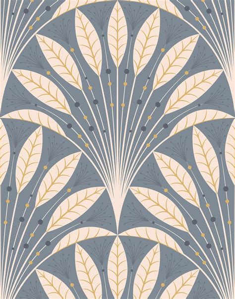 An Art Deco Wallpaper Design With Leaves And Dots In Blue Yellow And White