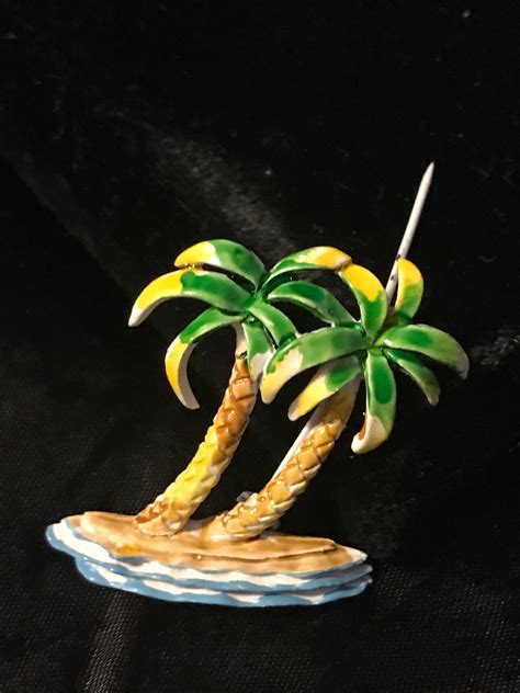 Vintage Enamel Tropical Palm Tree Brooch Pin Green Yellow Brown