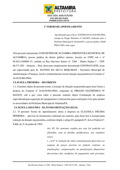 Termo De Apostilamento Ao Contrato Pma Prefeitura