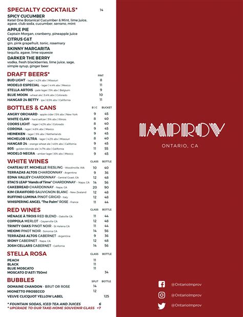 Ontario Improv Food and Drink Menus