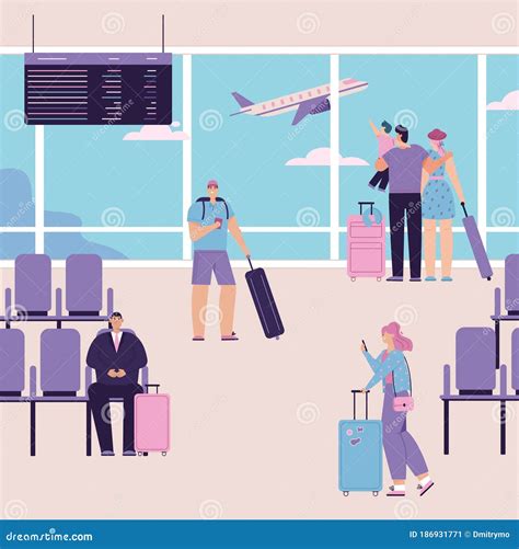 Vector Character Illustration Of People At Airport Scene Stock Vector Illustration Of Hall